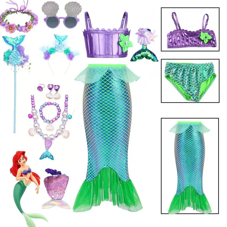 3 kusy morská panna odev Set plavebné bikiny Top spodky a chvostové dievčatá letné dieťa princezná rola hrať šaty na pláž