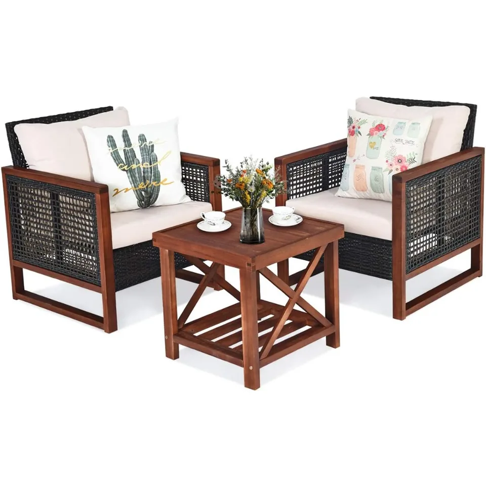 3 kusy terasy prútený nábytok sada, Rattan outdoor Sofa Set W/Washable Cushion & Acacia Drevný konferenčný stolík, konverzácia