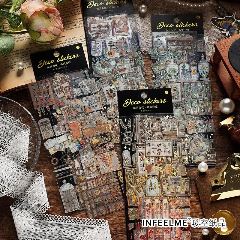 3 listy trblietky rastlinných kvetinových nálepiek Vintage nepremokavé dekoratívne obtisky pre žurnálovanie fľaše Plánovača scrapbooking Journal Planner
