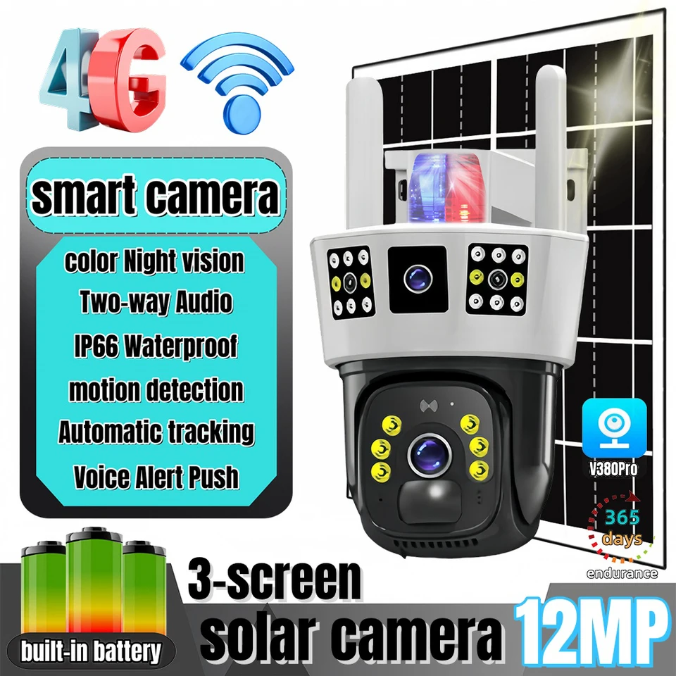 3 obrazovka Camera4G SIM karta 12MP HD Solárna kamera WiFi WiFi Wifi Wireless PTZ Ochrana domácej ochrany PET Monitor detekcie pohybu PUT Alarm Push Fotoaparát