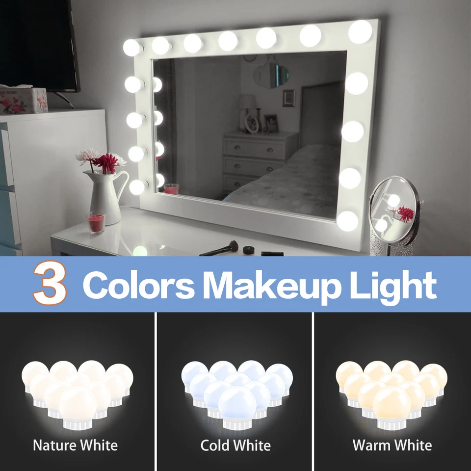 3 režimy farby make -up zrkadlové svetlo LED dotyk dotyk tlmenia márnosť toaletná lampa žiarovka USB 12V Hollywood make -up zrkadlové nástenné lampa