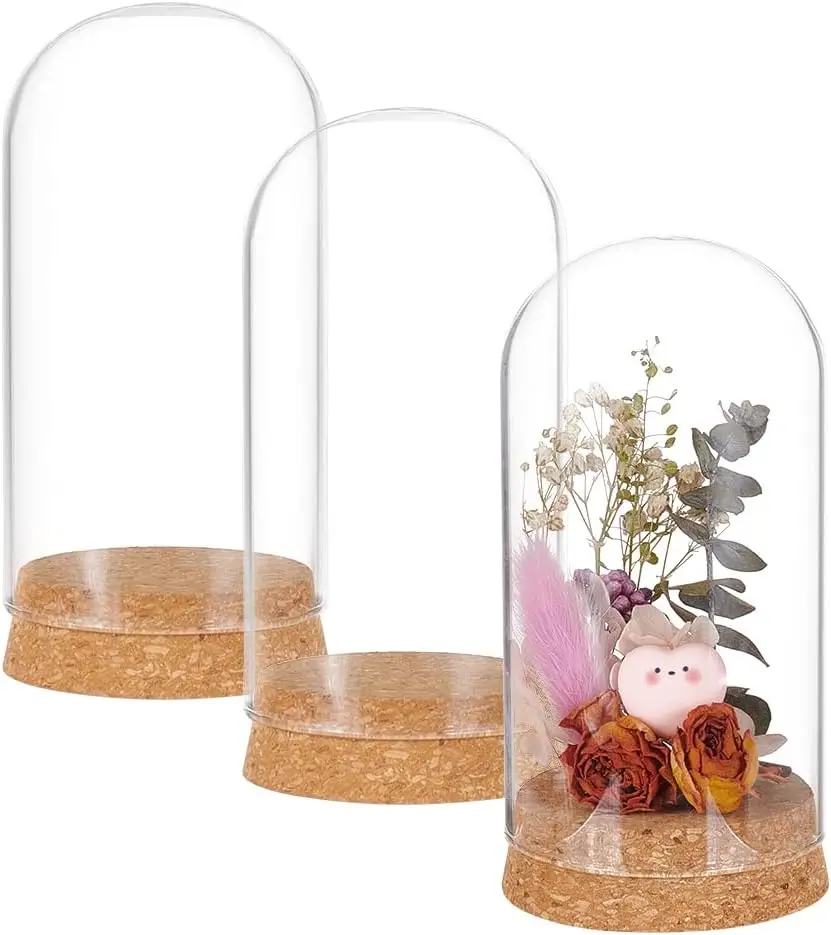 3 Set Dome Display Glass Jar s korkom, 65x133 mm zvonové sklo sklo dekorácie pre kvetinové rastliny, vzorky, remeslá