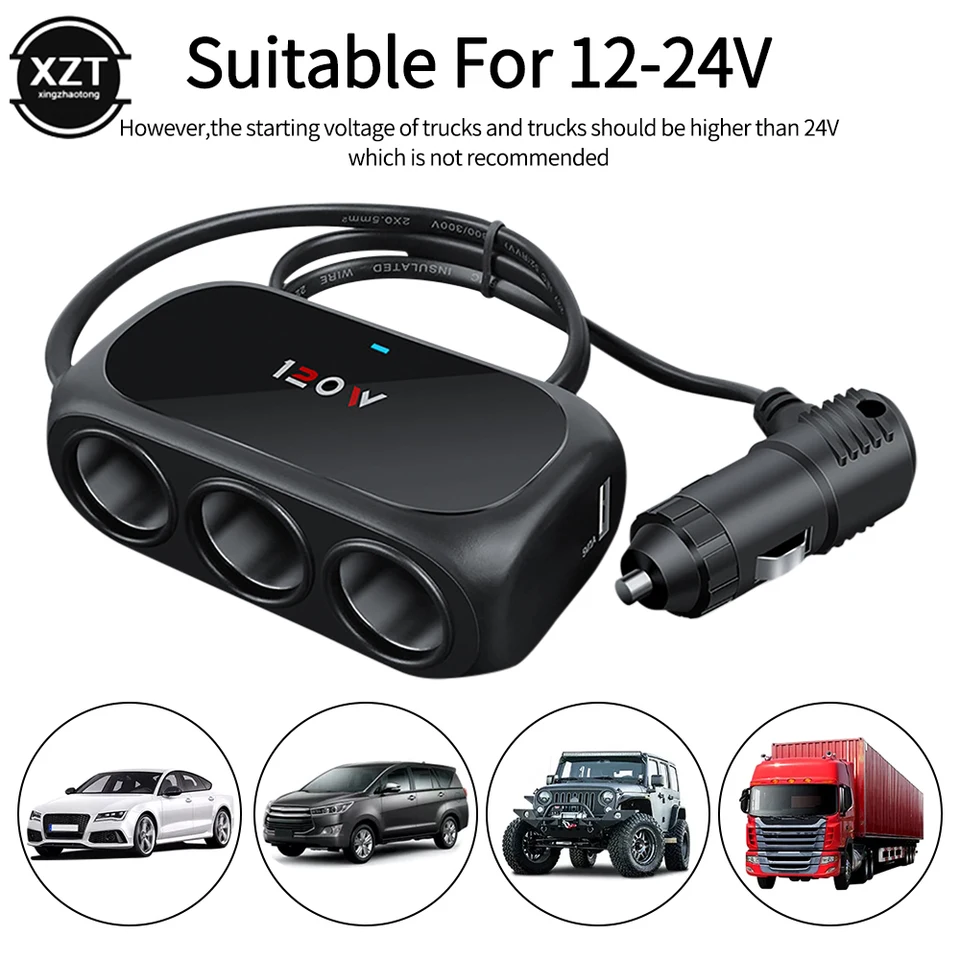 3 Soket Cigaret Spater Splitter 120W 12V 24V nabíjačka automobilu Dual USB LED Car Fast Charger pre iPhone iPad GPS Dashcam