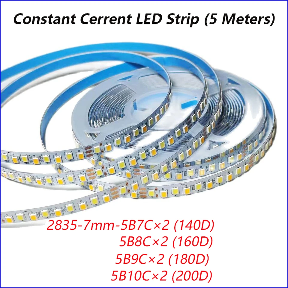 (3 spájkovacie spojy) 3Colors 5Meter 2835-7 mm-140d/160D/180D/200D SANAN zvýrazní štiepky LED prúžok s konštantným prúdom 20W × 2/meter 7 mm.