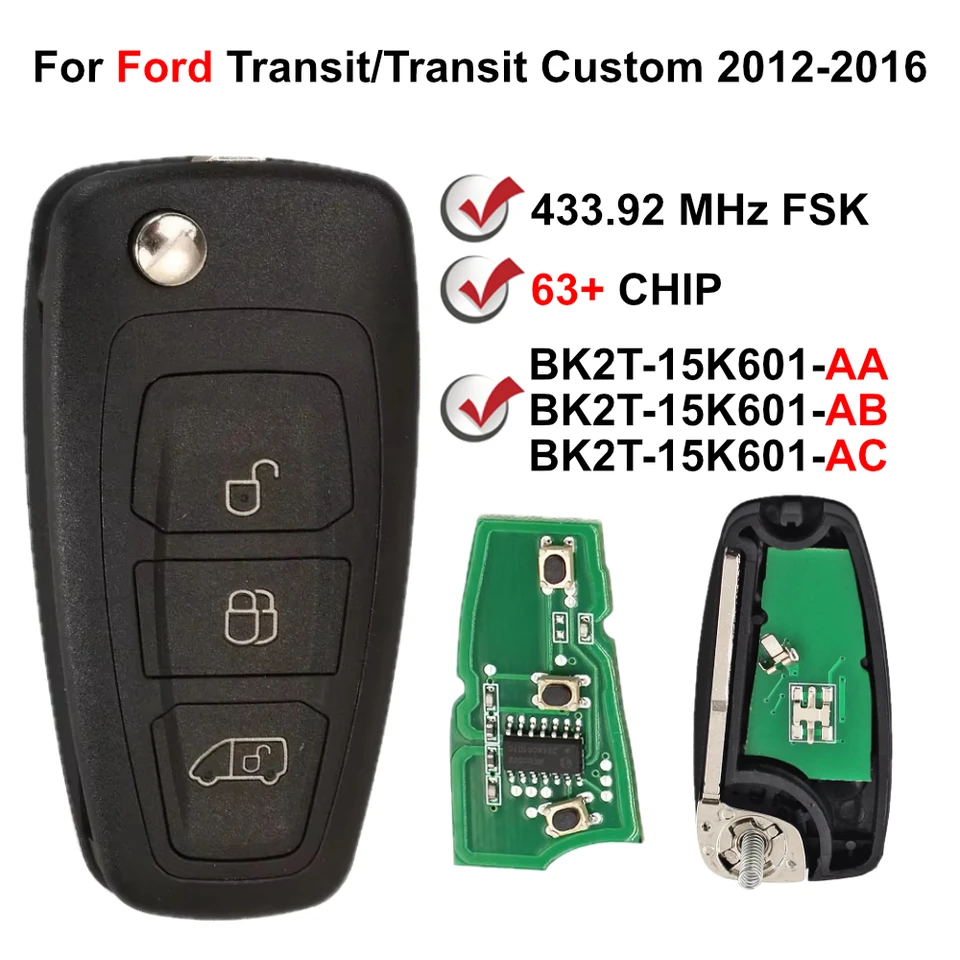 3 tlačidlo BK2T-15K601-AA/AB/AC A2C53435329 433.92MHz FSK Smart Remote Key FOB pre Ford Transit/Transit Custom 2012-2016
