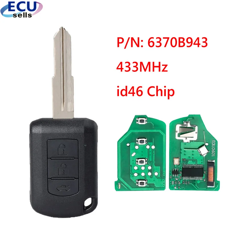 3 tlačidlá diaľkový kľúč FOB FCC: J166E P/N: 6370B943 pre Mitsubishi Lancer 2016 2017 2018 2019 2020 433MHz PCF7961 ID46 ČIP
