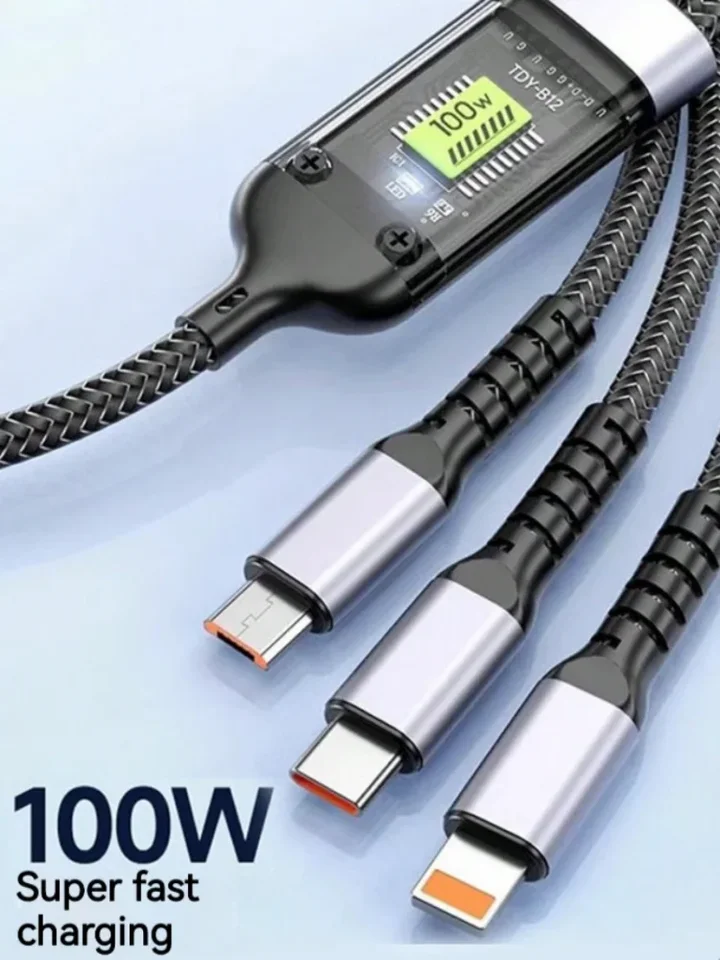 3 v 1 100 W rýchly nabíjajúci inteligentný kábel Super rýchly viacnásobný vizuálny nabíjanie vizuálneho napájania pre digitálne zariadenia