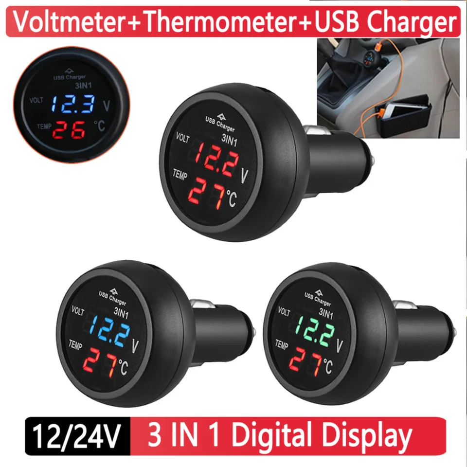 3 v 1 12/24 V LED digitálny automobil volt meter automobil Automatický voltmeter teplomer auta Cigareta Spaľovač automobilu USB nabíjačka Universal