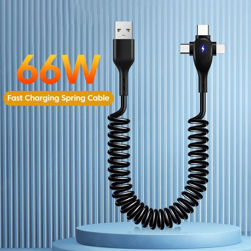 3 v 1 66W 6A Rýchle nabíjanie USB typu C kábel Micro USB Spring Car Charger pre iPhone Xiaomi Samsung Telefón nabíjačka