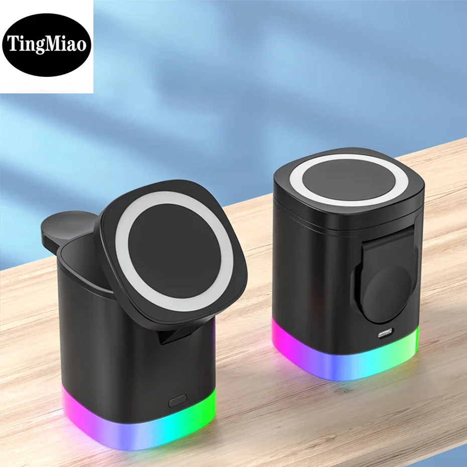 3 v 1 Magnetic Wireless Stand RGB Light Phone Rýchle nabíjacie stanica pre iPhone 14 13 12 Pro Max AirPods Pro I Sledujte 8 7
