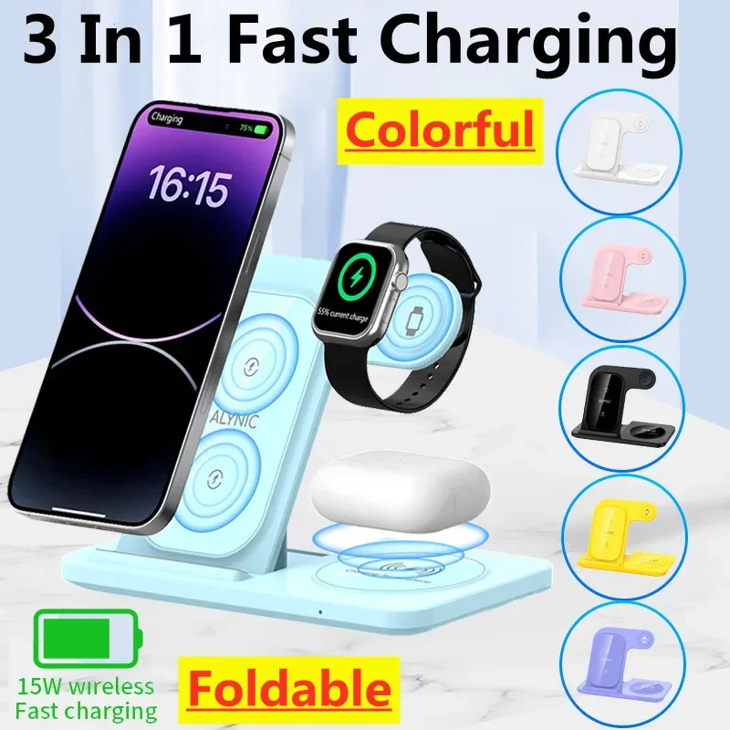 3 v 1 Rýchle bezdrôtové nabíjačky stojan na nabíjačku nabíjačku Držiak na nabíjačku pre iPhone 15 14 13 12 Pro Max Apple Watch AirPods 3/2
