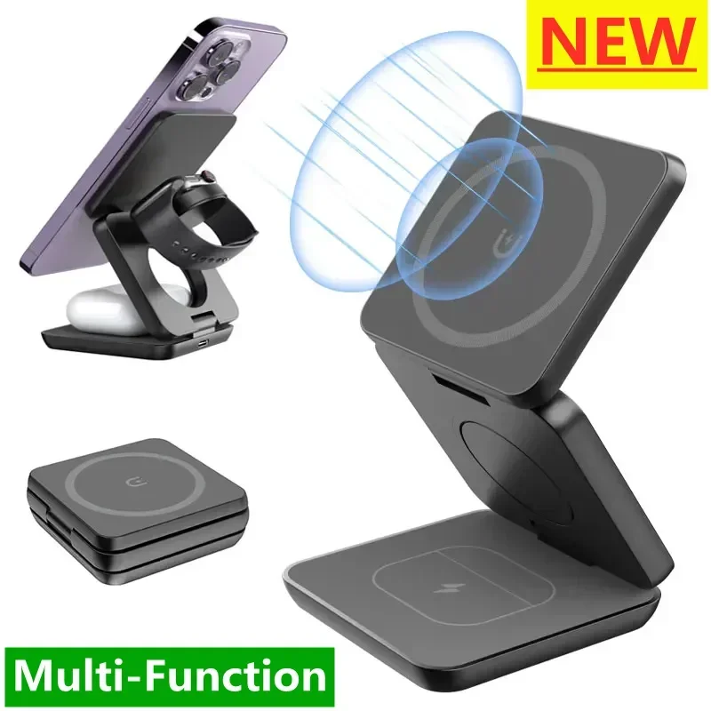 3 v 1 Wireless Charger Magnetic Sloble Stand pre iPhone 16 15 14 13 12 12 Apple Watch 8 AirPods Pro Rýchle nabíjanie Dock Station