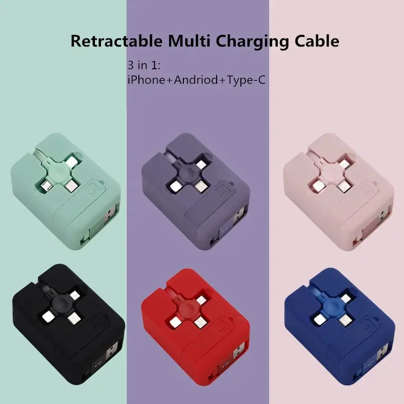 3 v 1 zasunuteľný viacerým nabíjacím káblom USB Kompatibilný s iPhone Android typ C Držiteľ telefónu Mini prenosný rýchly nabíjač