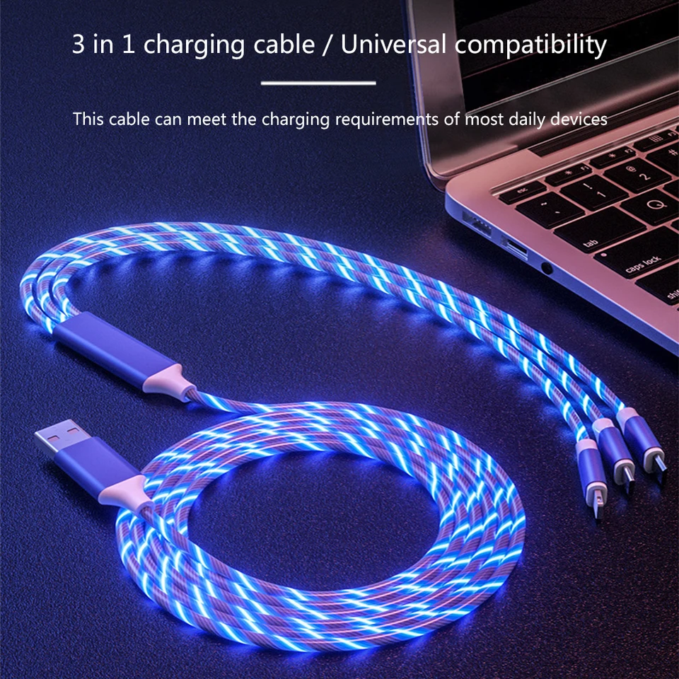 3 v 1 žiariaci kábel LED svetlo Micro USB Typ C Kábel 3a Rýchle nabíjanie Kábel typu C typu C pre iPhone Samsung Xiaomi