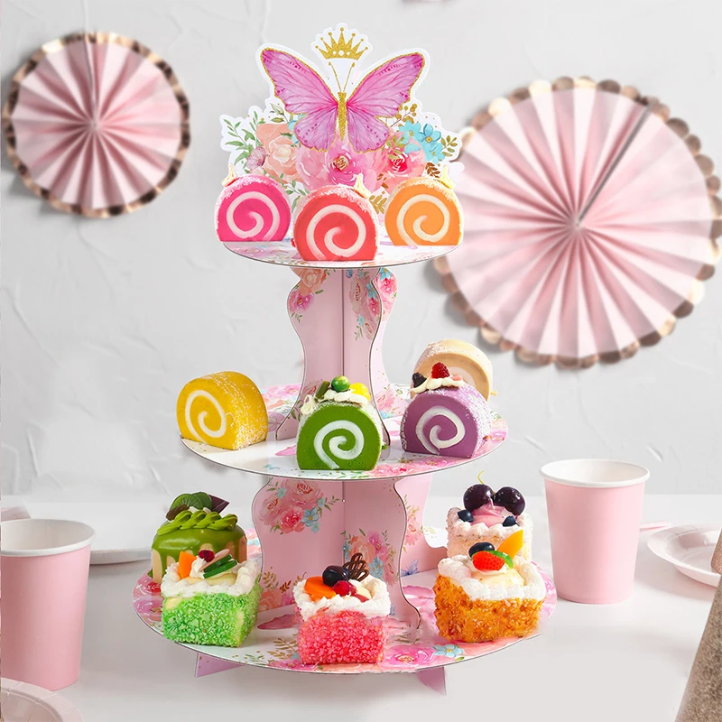 3 úrovne karikatúry Spring Butterfly Flower Party Cake Displej stojan na narodeniny Cupcake Decotion Detj Shower Party Dezert Cake Rack Rack