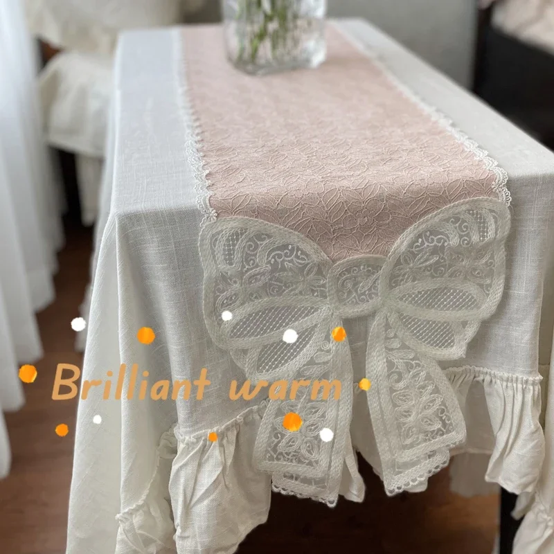 30*190 cm Pink Lace Tablerunner Bow Cabinet Dekoratívny obrus francúzsky elegantný biely vyšívaný bežec jedáleň