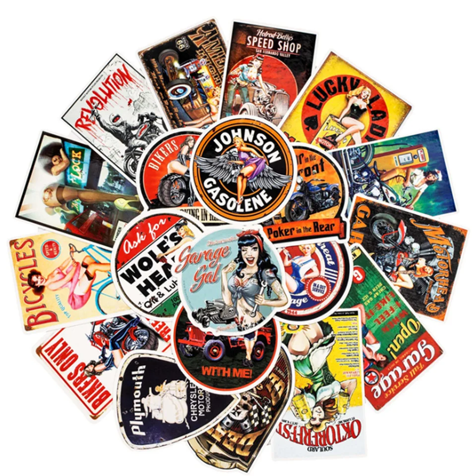 30/50/50 PCS Retro Motocykel sexy dievča Denník Denník WotoProof Graffiti Suver Skateboard Guitar Guitar Hray Decoration Wholesale