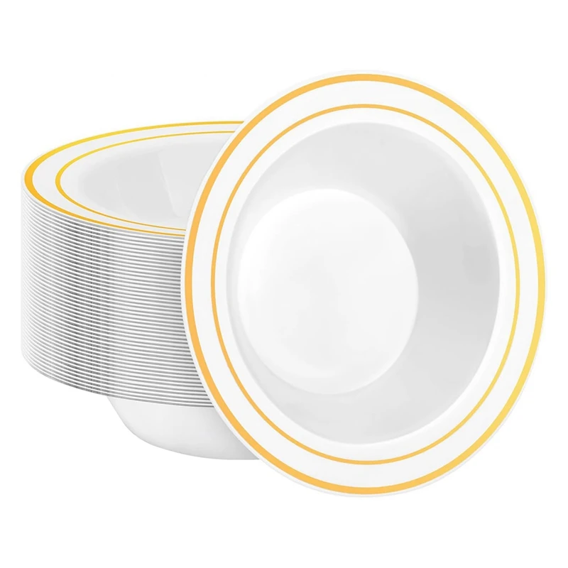30 balení plastové jednorazové misky, 12oz šalátové misky so zlatým okrajom na dezert, cereálne misky na párty, svadbu, stravovanie
