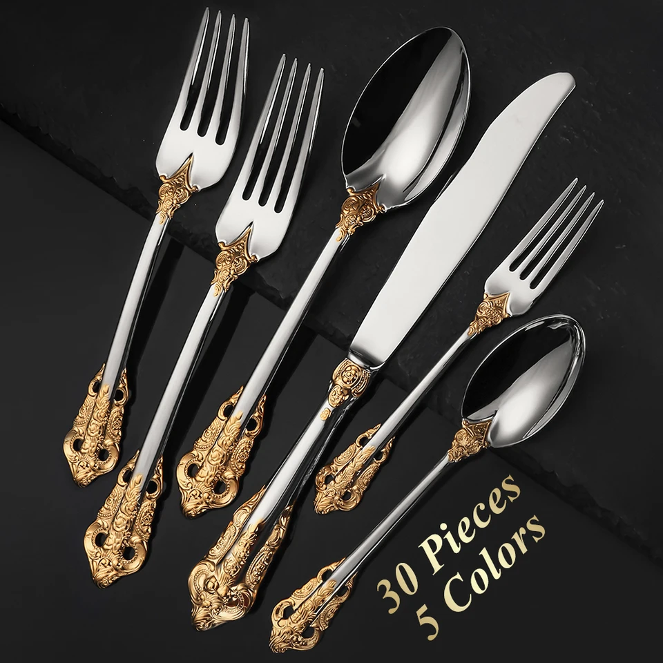 30 kusov Royal Vintage Gold-Plated Cominless Ocel Cutlery Coenful Spoon Cife Nôž sada čiernych ružových zlatých prípojkových služieb pre 6
