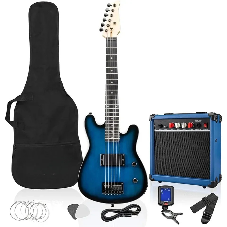 30 -palcová elektrická gitara a zosilňovač, šesť strún, dva tipy, ramenný remienok, digitálna klip na tuner, gitarový kábel a mäkké puzdro