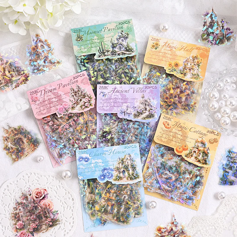 30 počítačov Vintage Magic Castle Téma nálepky Pack Pet Dekoratívny denník Album Scrapbooking Material Junk Journal Supplies