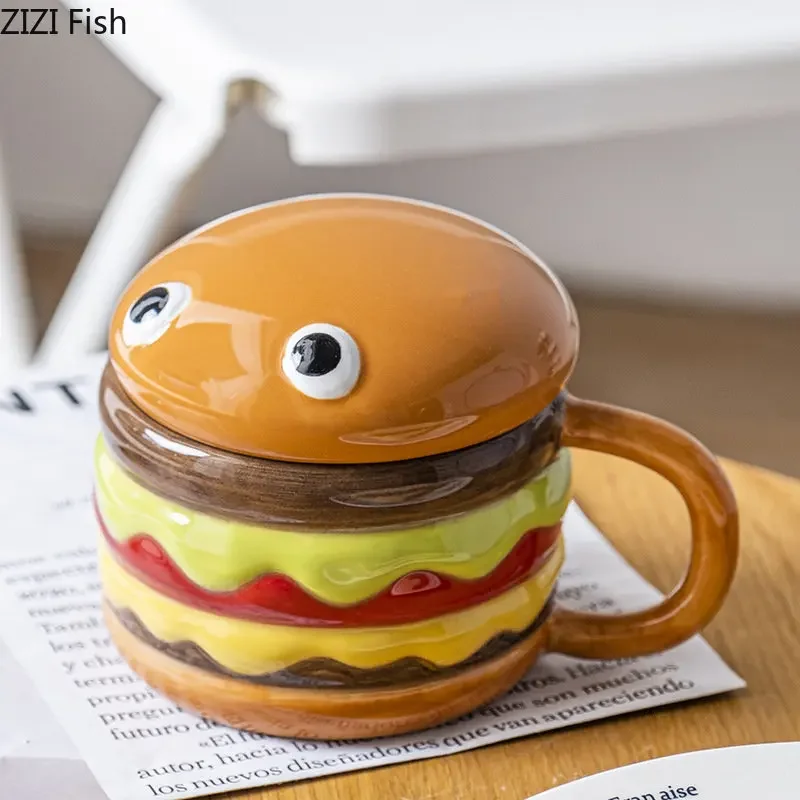 300 ml roztomilý kreatívny hamburger hrnček raňajky ovsené vločky Mlieko šálka s vekom Domáca popoludňajšia čajová šálka kávy Keramická pitná súprava darčeky