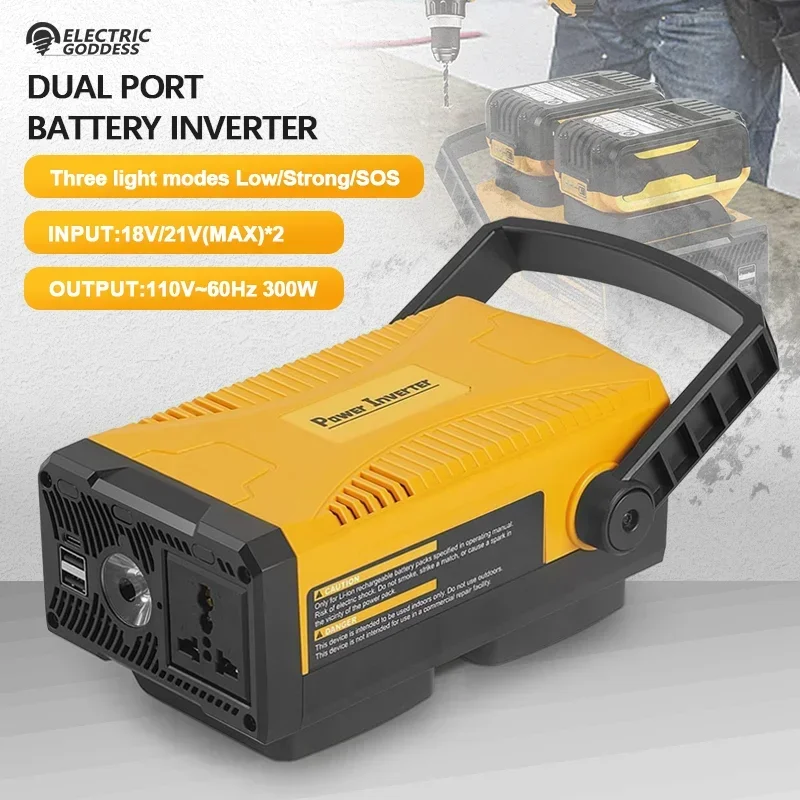 300 W prenosný vstup dvoma portovým invertorom batérie s USB a port typu C tri režimy zdroja svetla pre batériu Dewalt 18/11V
