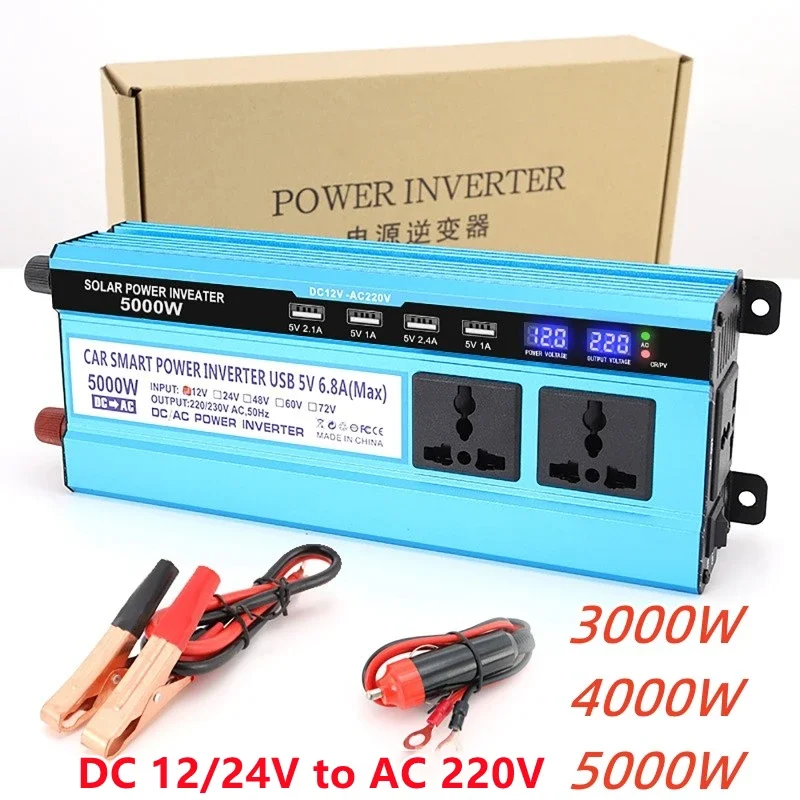 3000/4000/5000W meniča DC12V na AC220V Transformátor Transformátor Solar Double LCD Display 4USB Výkonový menič