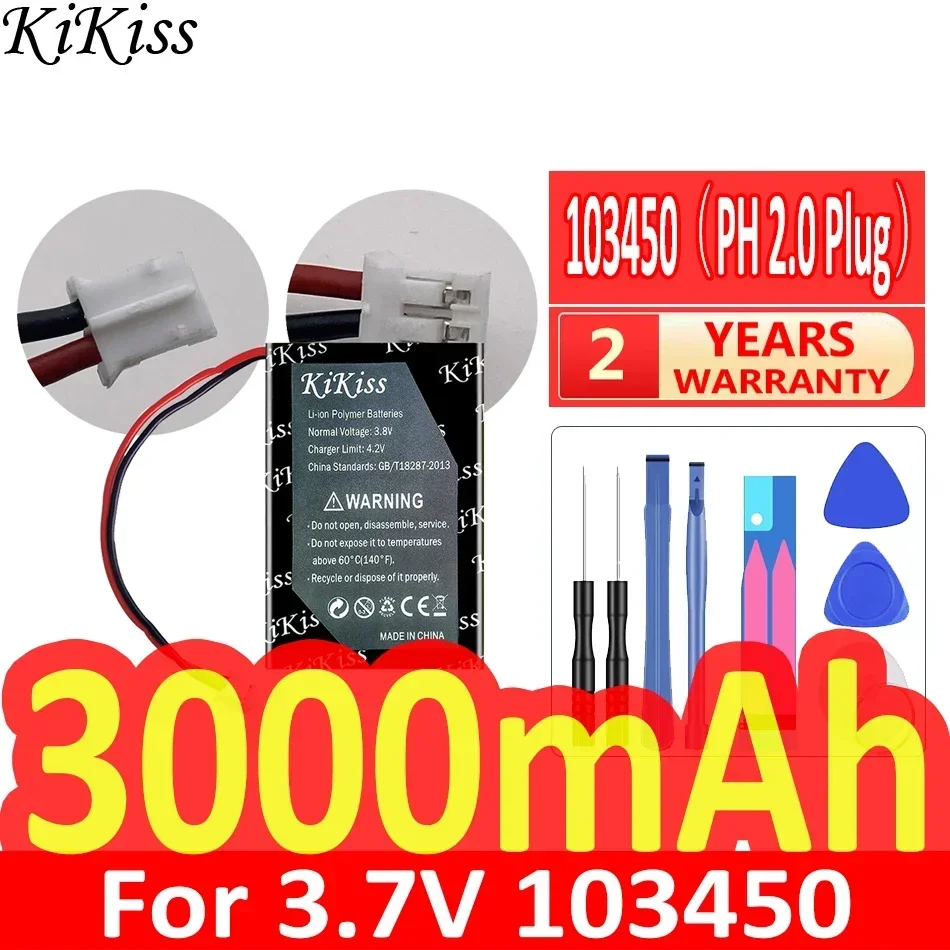 3000 mAh Kikiss Výkonná batéria 103450 (ph 2,0 Plug) pre 3,7 V 103450 PS4 Cameas GPS Bluetooth Speak Digital Batteria