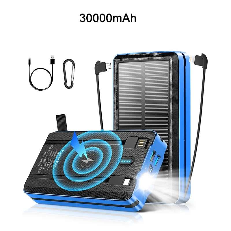 30000 mAh solárna energia Bank Vstavaný káblový prenosný nabíjačka bezdrôtovej powerbank pre iPhone 14 Samsung S22 Huawei Xiaomi 9 chudobné