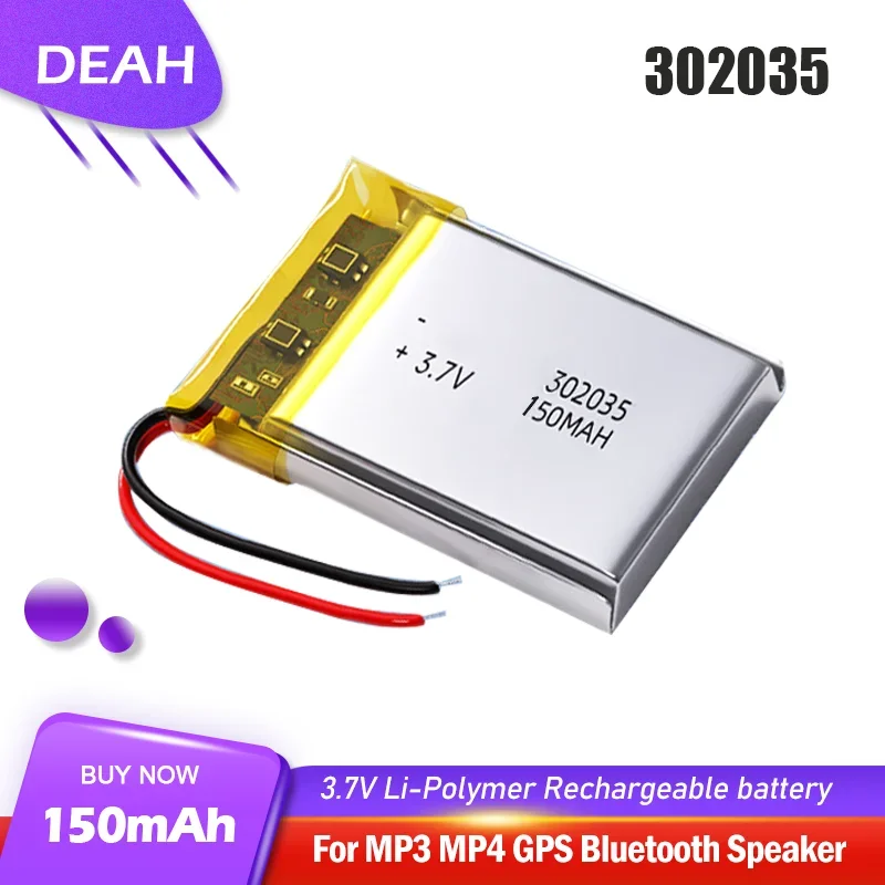 302035 032035 3,7 V 150 mAh Nabíjateľná lítium polymérna lipo batéria pre náhlavnú súpravu reproduktora LED LED LED LIGH Bluetooth MP3 DVR GPS