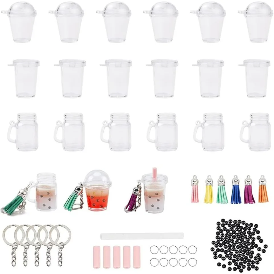302ks Mini Mliečny čaj Kľúčenka Kľúčenky Bublina Čajový krém Glue Casting Kit Mini Cup Pendant Charms s Keychain Rings Straps