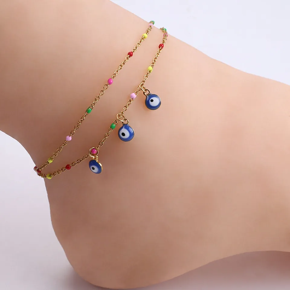 304 Nerezová oceľ Štýlový káblový reťazec káblovej reťazca Viacvrstvová vrstvená anklet Multicolor Evil Eye Jewelry 22 cm (8 5/8 