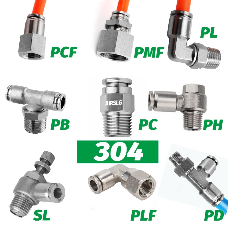 304 Pneumatické hadice z nehrdzavejúcej ocele PC PCF PL PLF PB Vzduchová trubica konektor 1/8 1/4 3/8 1/2