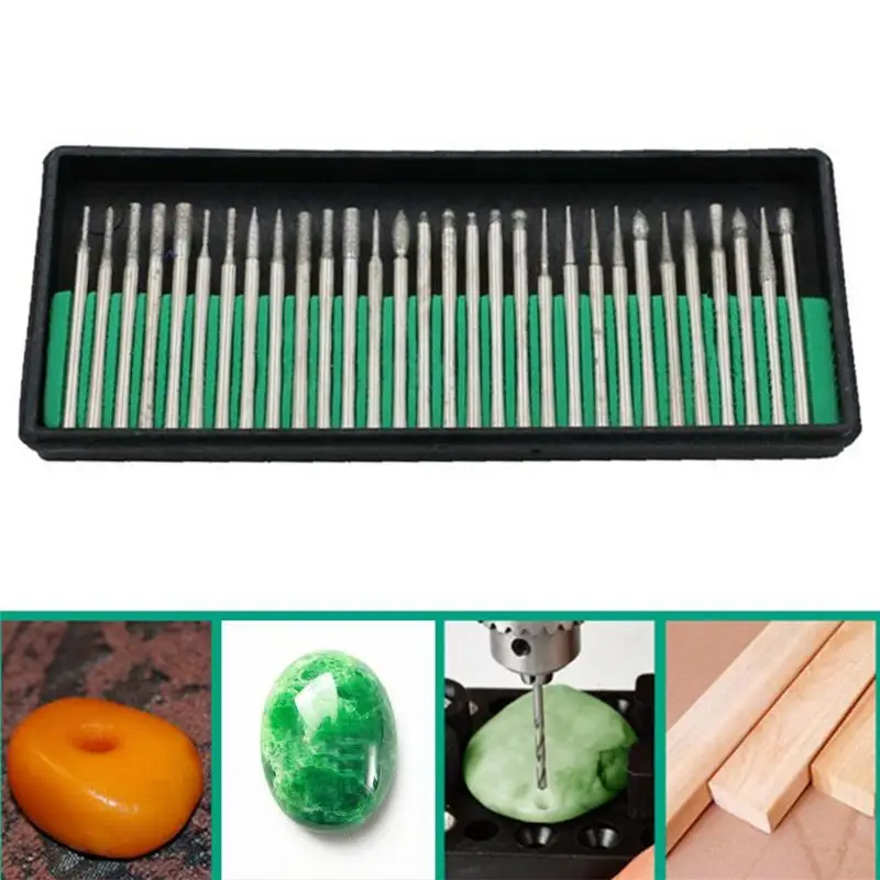 30ks 3 mm mini vŕtacie bity diamantové brúsky hlavy Burr File Rotary Tool Jade Castry Bit Bit Wood Stone Gravírovanie Nástroje