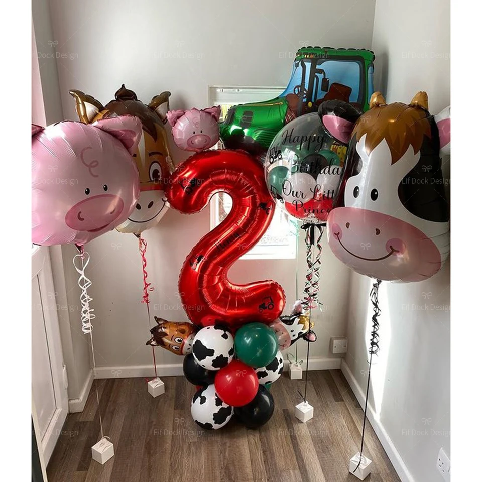 30ks Farm téma Green Tractor Cow Prasa nafukovacie balóny 32 palcov červené číslo Balón 1-9 Všetko najlepšie k narodeninám Decor Dielo
