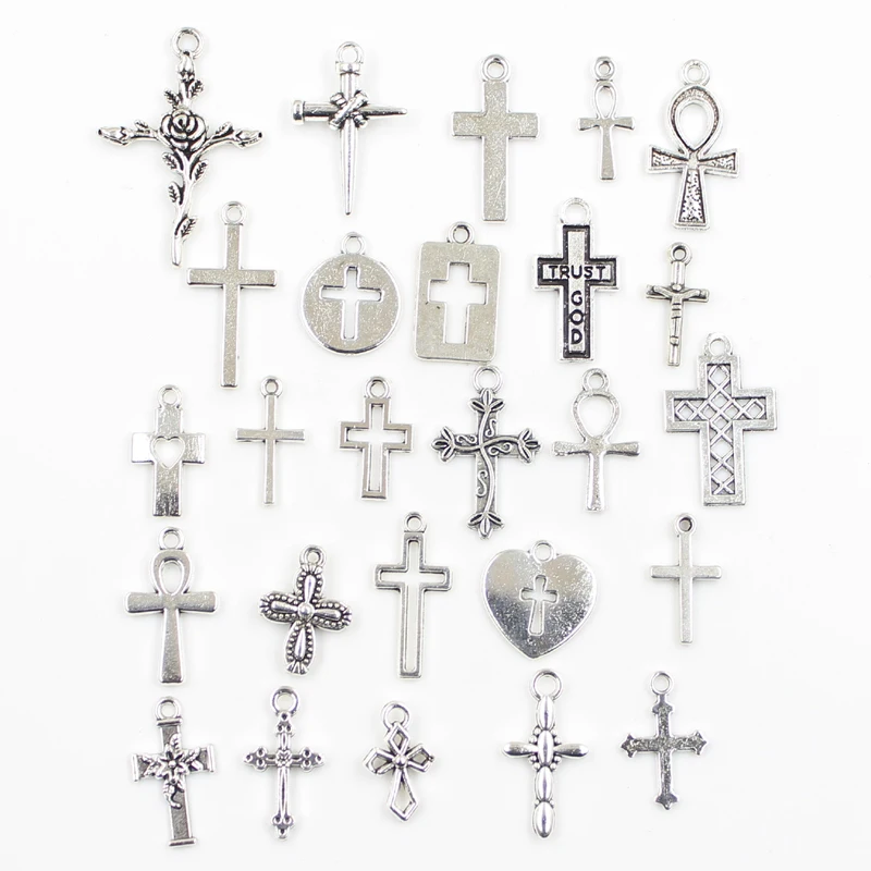 30ks kúzla krížik egyptský ankh životný symbol kvetina kríž Antique strieborná farba zmiešané prívesky DIY nálezy Tibetské šperky