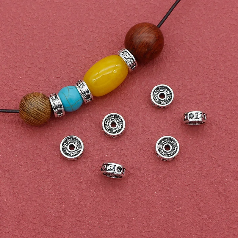 30ks/lot Budhizmus šesť prísloví tvaru koleso voľné korálky 7x3mm Tibetan strieborné budhistické mantry ploché spacery DIY šperky materiály
