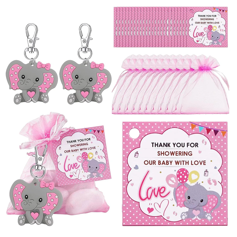 30ks sada na kľúče vrátane slonov Keychains Organza Drawstring Tašky Ďakujeme za značky bábätko