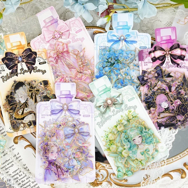 30ks/taška Rask Love Bouquet Bow Clear Pet Bronzing Sticker Bag Scrapbooking Journuling Decoration Material Collage