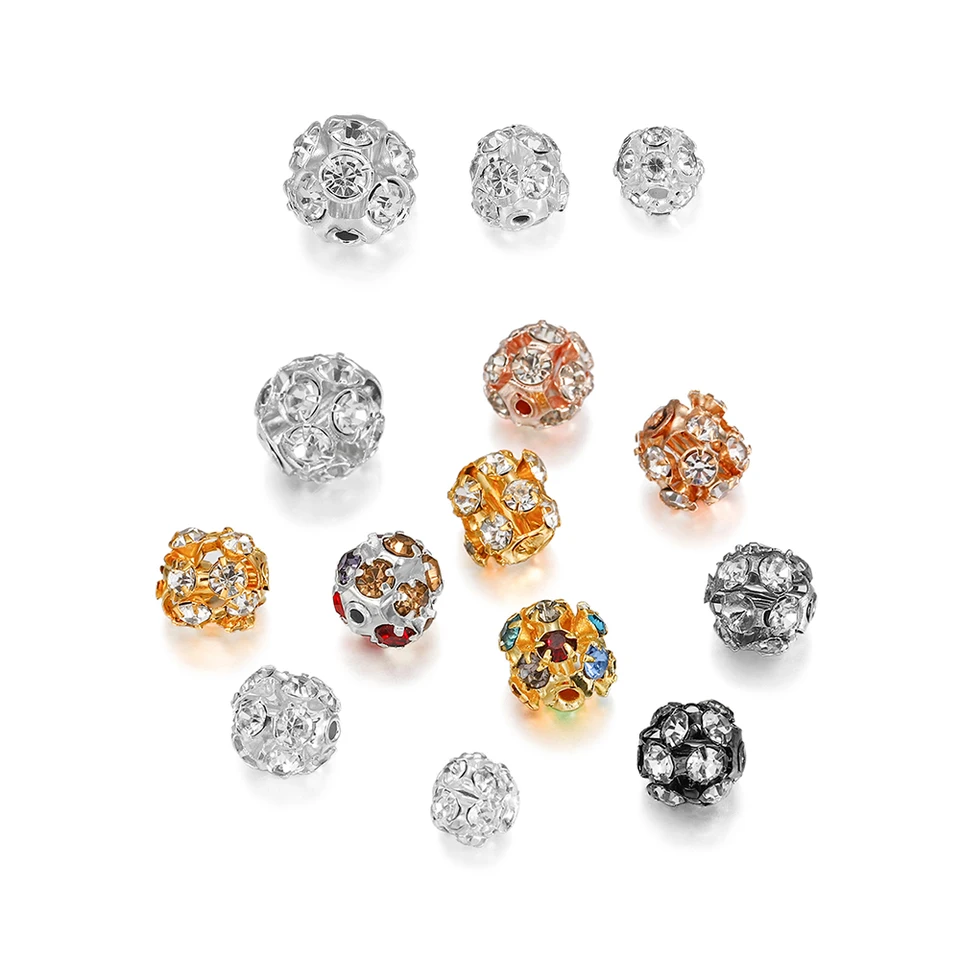30ks/šarža 6-10 mm kovové korálky s kamienkami na kamerové guľôčky Crystal Spacer Loose Loads pre šperky výroby DIY náramok náhrdelníkov