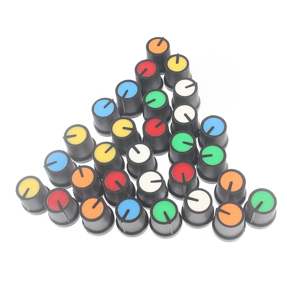 30ks/šarža 6 Color Ag3 Plastové rotačné spínacie gombíky Rozsúdené súpravy WH148 Potentiometer gombík DIY Svetlo Svetlá súprava ovládacích gombíkov