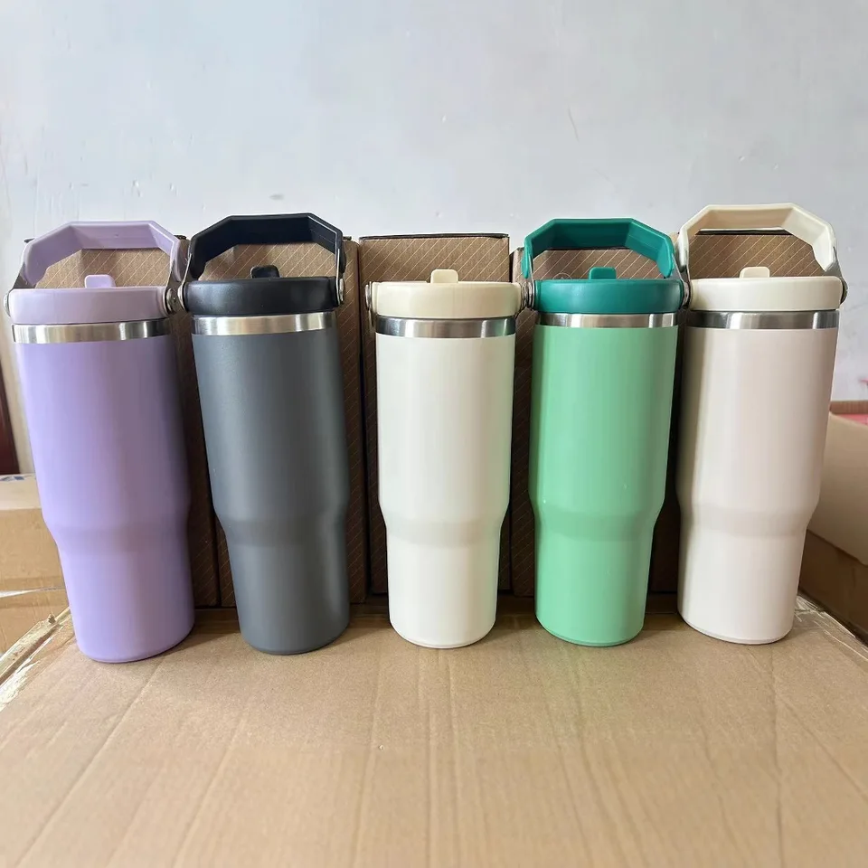 30oz ľadový pohárik prenosný prenosný so slamenými vekami z nehrdzavejúcej ocele Vákua šálka kávy Thermos Cup Cestovné auto Fľaša na vodu