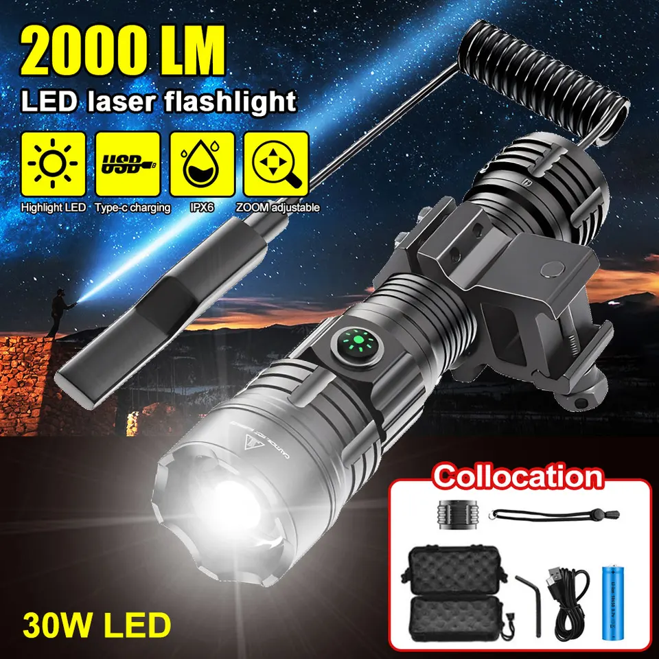 30W 2000LM Profesionálna LED biela baterka na poľovníctvo taktické zväčšenie 3 režimy Nočné skautské svetlá set s puškovým rozsahom držiaka