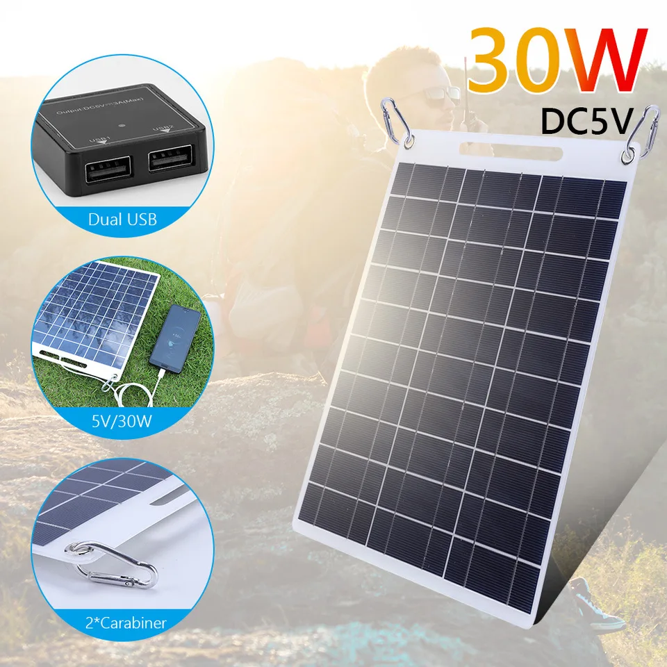 30W solárna doska 5V vodotesný solárny panel Prenosný duálny solárny nabíjačku USB nabíjanie vonkajšie kempingové solárne články nabíjanie
