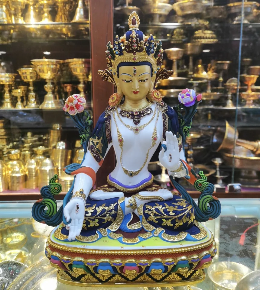 31 cm Veľký budhizmus špičková farba maľovaná medená biela tara bodhisattva Buddha domáci chrám uctievanie efektívne