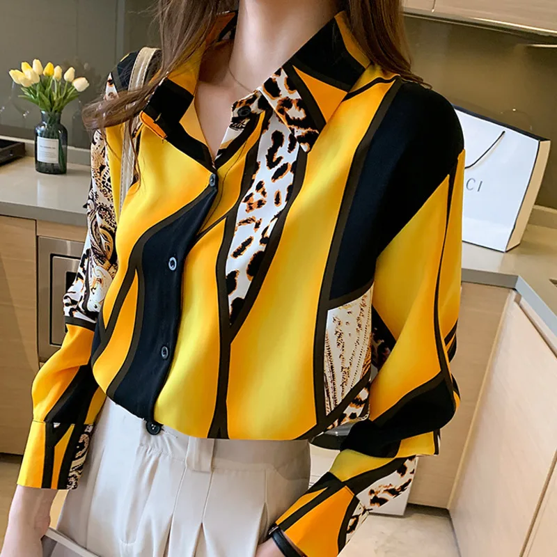 #3112 Zelený žltý leopard tlačený šifónový košele s dlhým rukávom Vintage voľné elegantné dámske topy a blúzky elegantné kancelárie