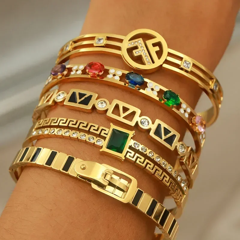 316L z nehrdzavejúcej ocele Letter V Bangles a náramky pre ženy módna značka šperky Multicolor Hollow Crystal Bangles Príslušenstvo