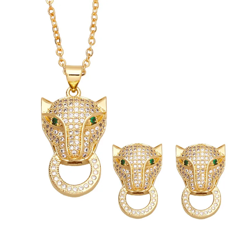 316L z nehrdzavejúcej oceľovej reťazca Copper Pendant Micro-Set Zirkón Green Eye Leopard náhrdelník Súprava šperkov