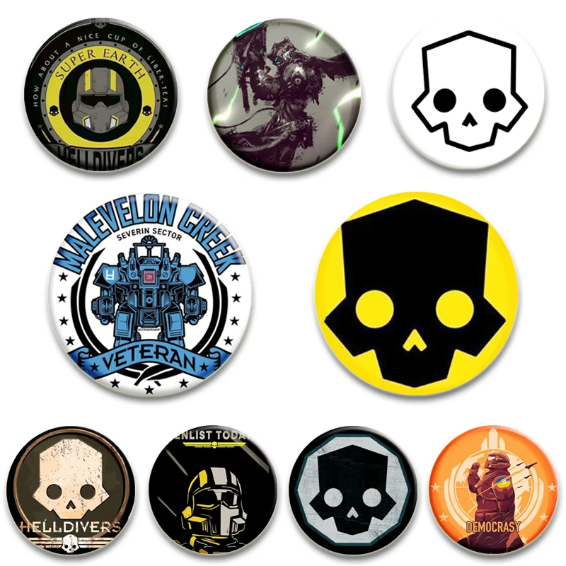 32/44/58 mm horúca hra Helldivers Creaty Round Pins lebka Čierny brošový odznak odznaky dekora